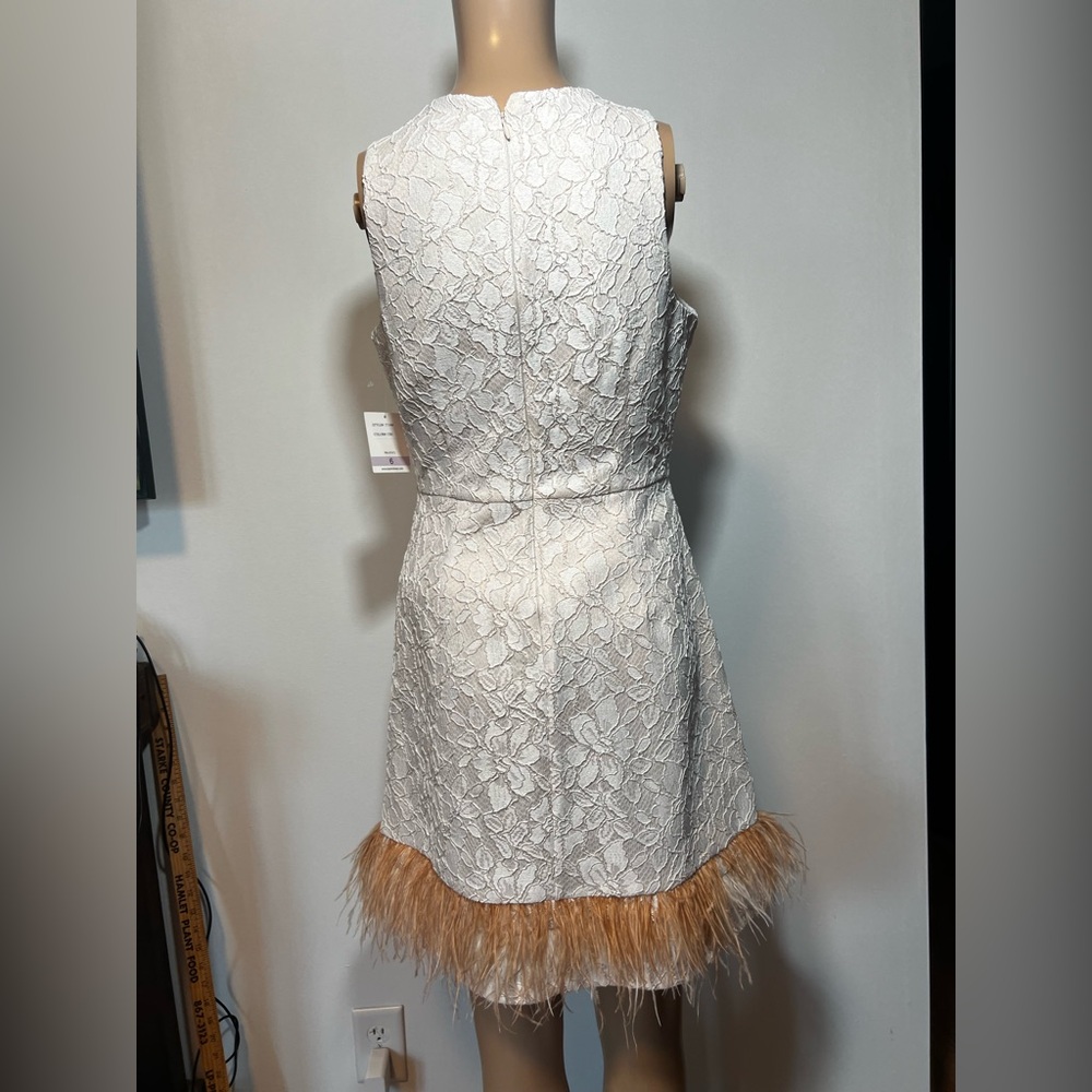 Taylor White Lace Mini Dress with Tan Feather Trim - Picture 3 of 10